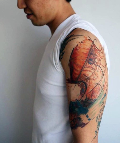 男性肩部梦幻水彩色水母纹身图案