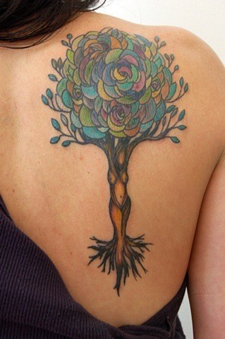女性肩部彩色大树纹身图案