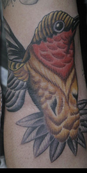 腿部彩色大蜂鸟艺术纹身图片