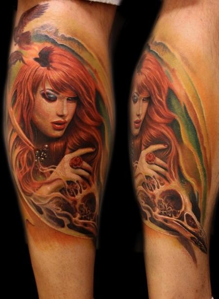 腿部彩色神秘色女人纹身图案