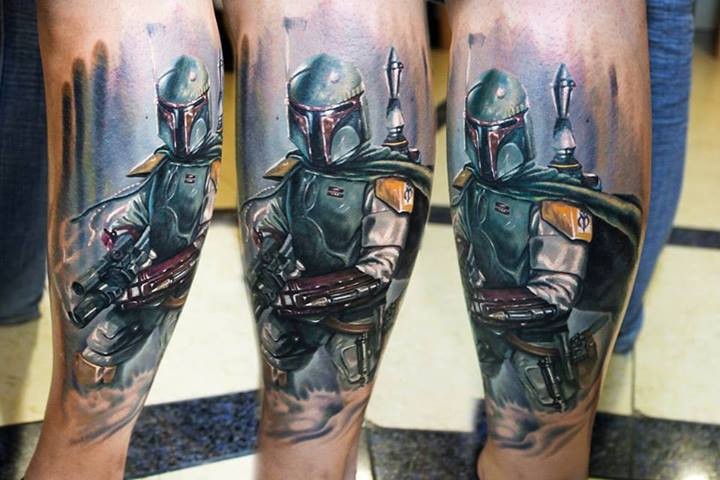 新风格的彩色腿部星球大战士兵纹身