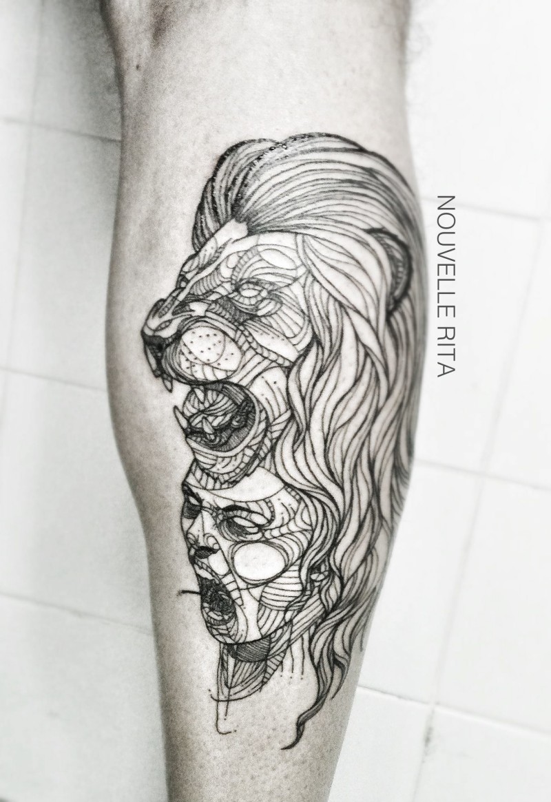 腿部黑色线条风格的狮子纹身图案