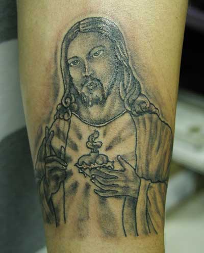 腿部灰色基督教主题的耶稣纹身