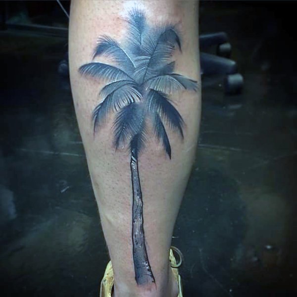腿部彩色棕榈树纹身图案