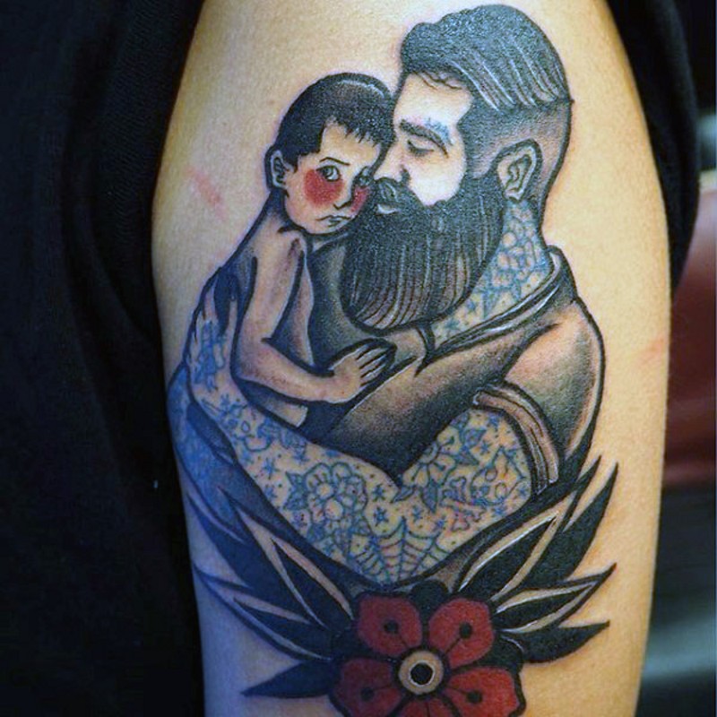 肩部航海主题彩色父子纹身图片