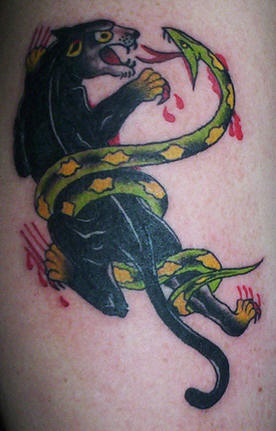 肩部彩色老豹斗蛇纹身图案