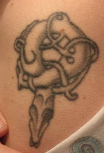 男性肩部黑灰蛇结纹身图案
