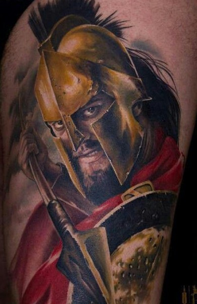腿部彩色逼真斯巴达战士纹身图案