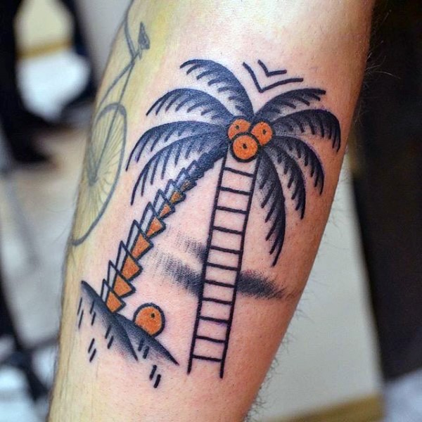 腿部水彩色椰子棕榈树纹身图片