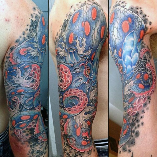 男性手臂彩色大章鱼纹身图案