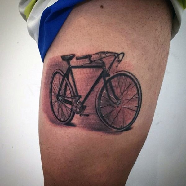 腿部逼真的棕色自行车纹身图案