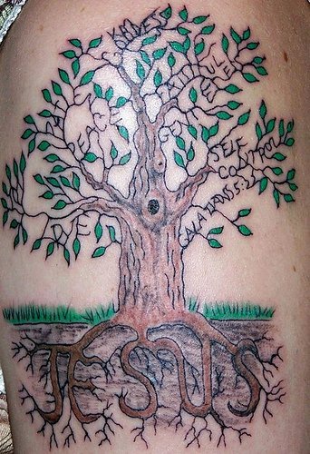 肩部彩色宗教大树纹身图案