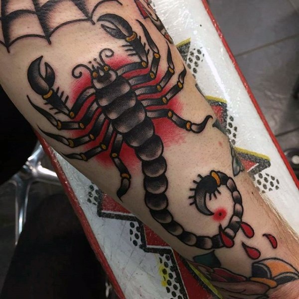 腿部老派风格的彩色蝎子纹身图片