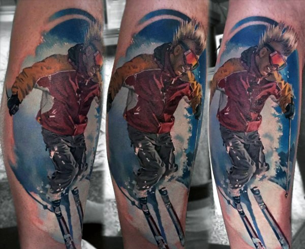腿部现实主义风格彩色滑雪男子纹身