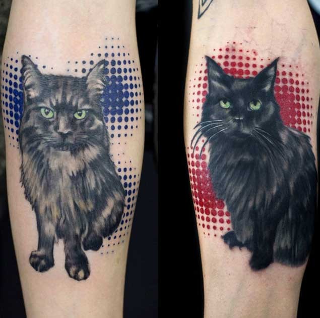 手臂彩色逼真的猫纹身图片