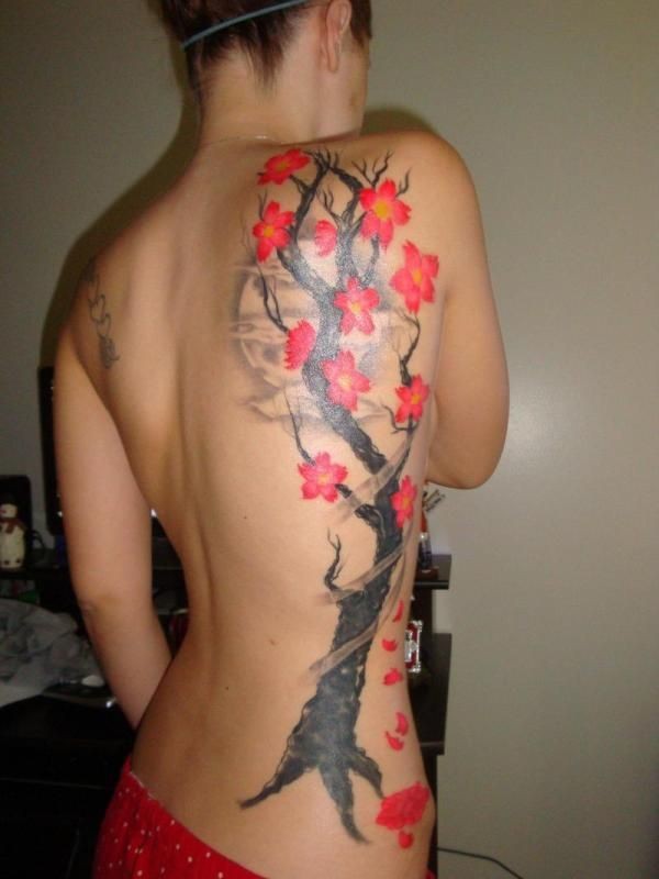 男性腰侧彩色樱花树纹身图案
