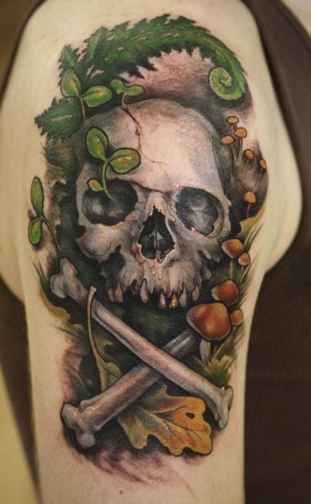 肩部彩色蘑菇骷髅纹身图案
