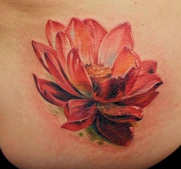 腰部彩色逼真的红莲花纹身图片