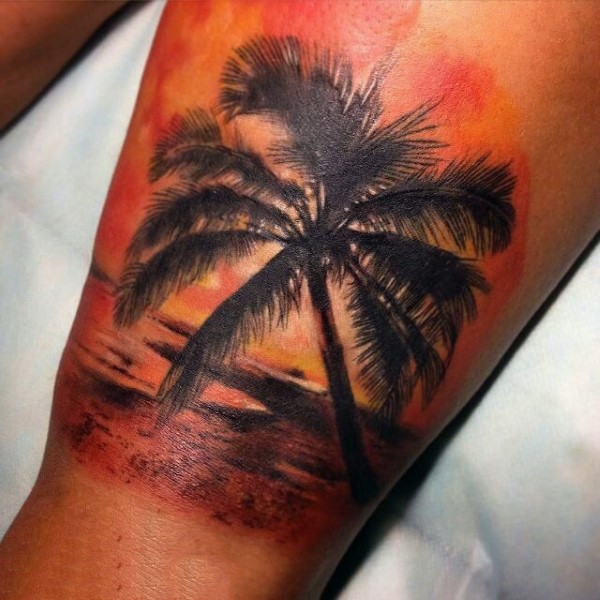 腿部浪漫般的彩色海洋海滩纹身图片