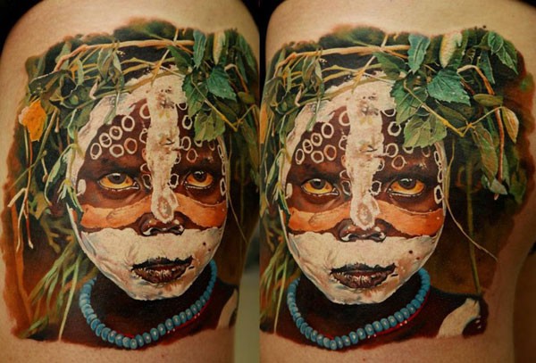 令人惊叹的五彩部落孩子肖像纹身图案
