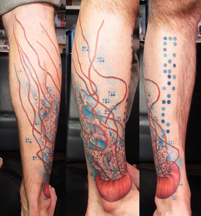 腿部彩色创意水母纹身图案