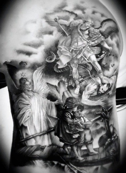 壮观的宗教主题肩部黑灰天使纹身图案
