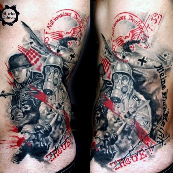 腰侧彩色军事战士字母纹身图片