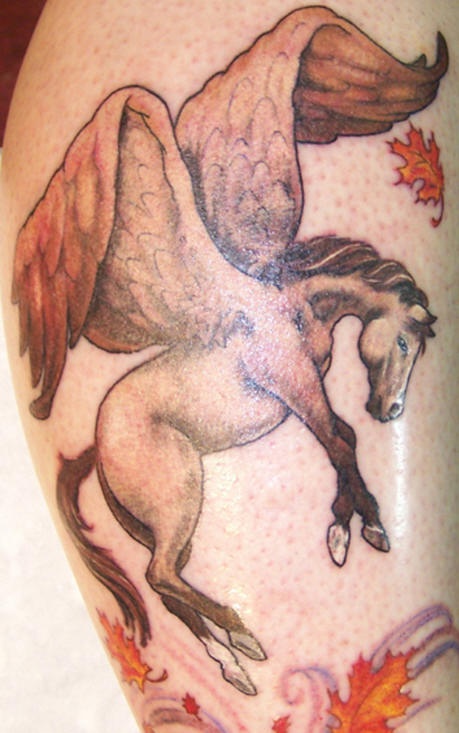 腿部彩色飞马和落叶纹身图片