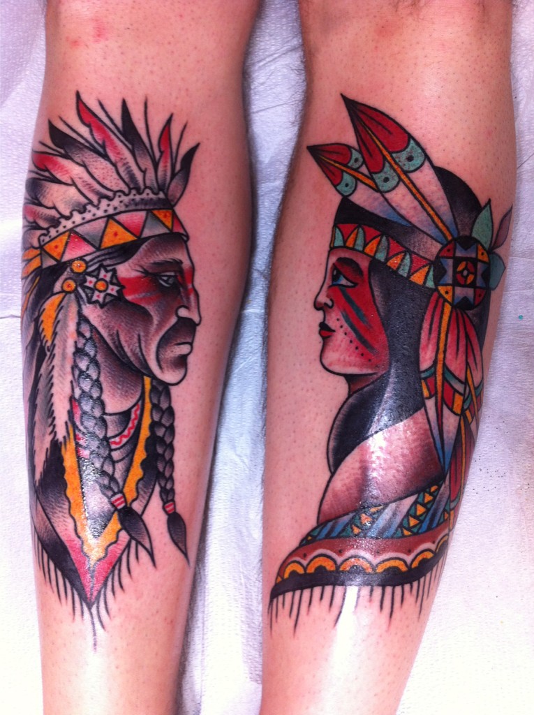腿部老学校彩色大印第安夫妇纹身