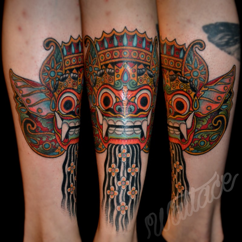 腿部新流派彩色古部落雕像纹身图案