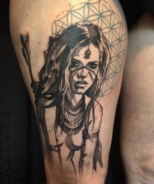 腿部灰色印度女射手纹身图案