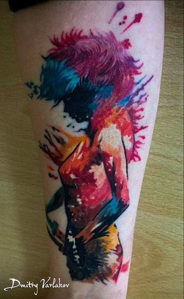腿部水彩风格诱惑女人纹身图案