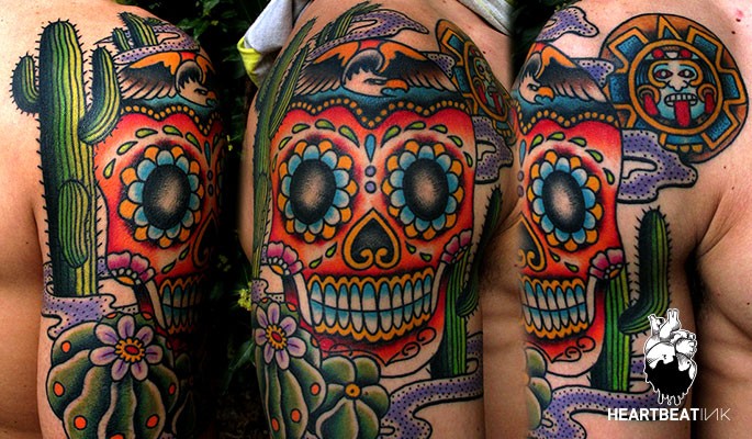 墨西哥插画风格的彩色头骨纹身