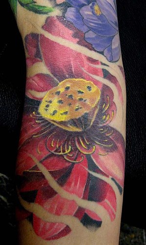 女性手臂彩色莲花纹身图案