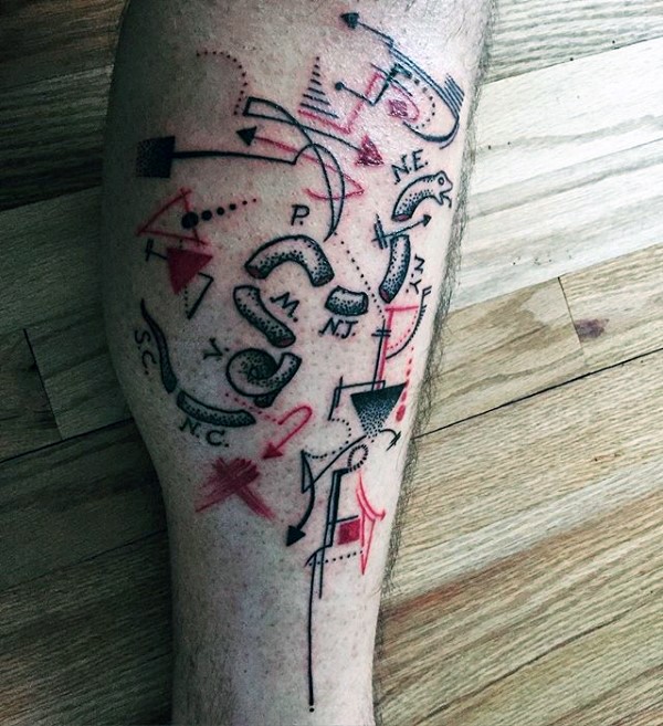 腿部几何风格色蛇纹损纹身图案