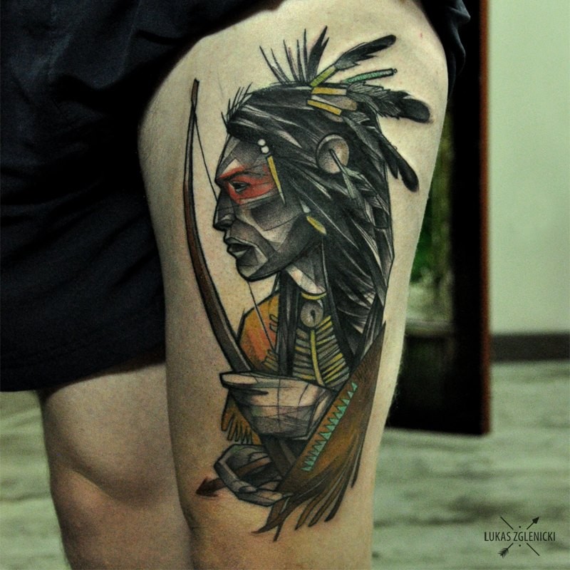腿部彩色古代印度射手男子纹身