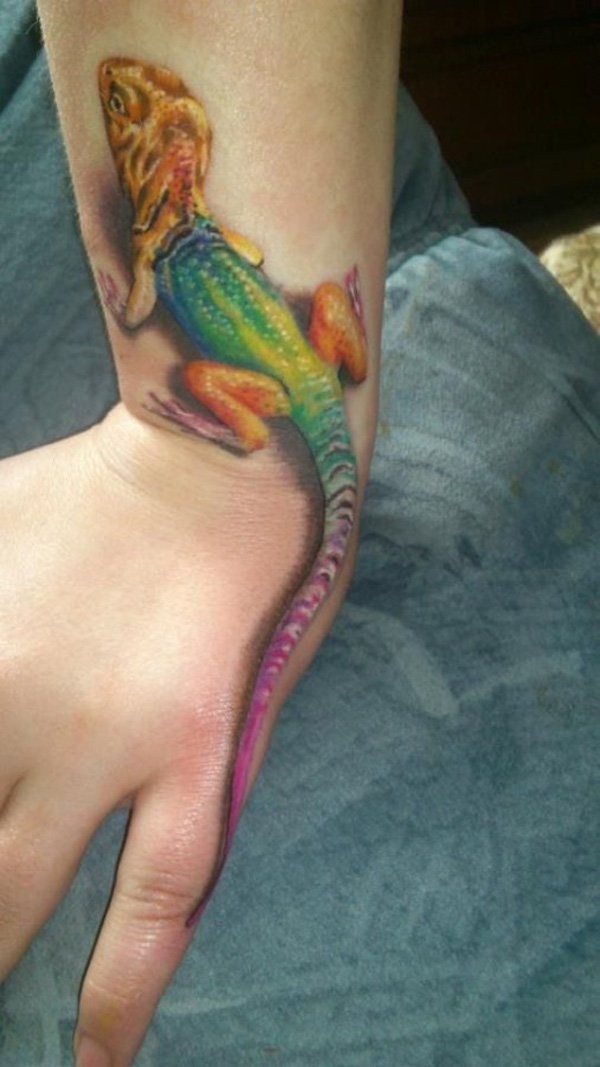 女性手腕上的五彩蜥蜴纹身图案
