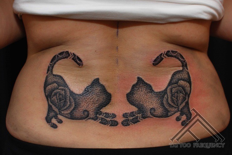 腰部黑色点刺两只猫纹身图案