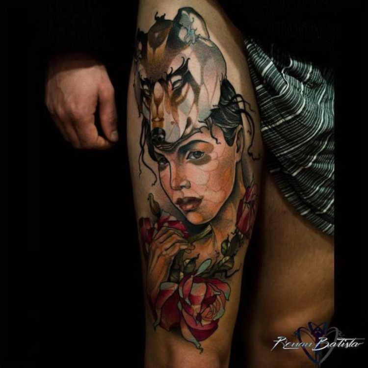 现代传统彩色女人肖像与狼纹身图案
