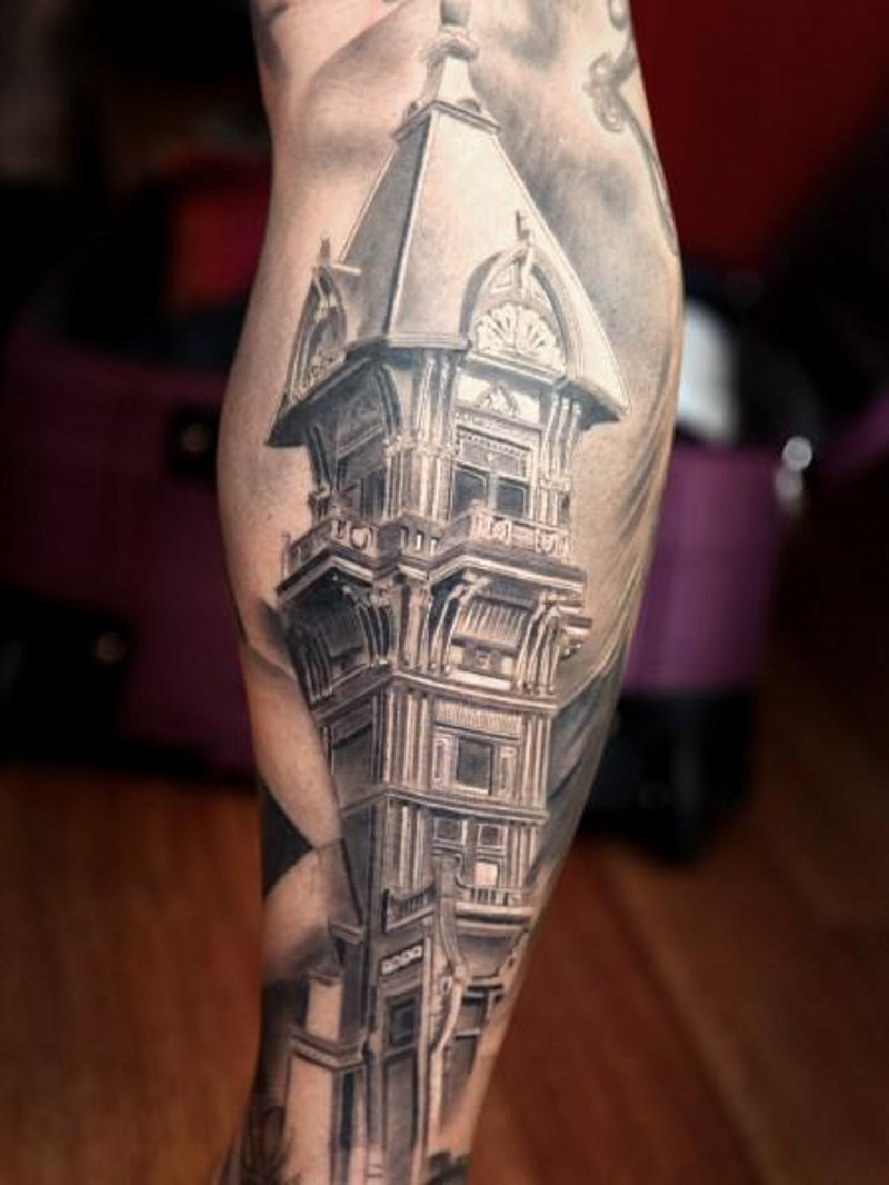 腿部灰色逼真的老式房屋纹身图片