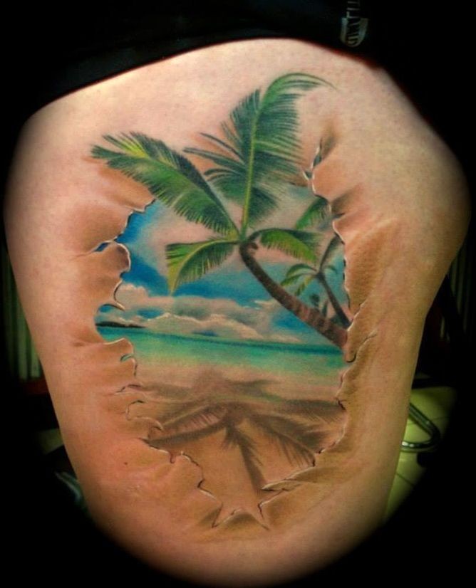 腿部彩色海洋边上的棕榈树纹身图案