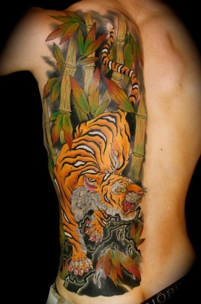 背部彩色日本老虎肋骨纹身图案