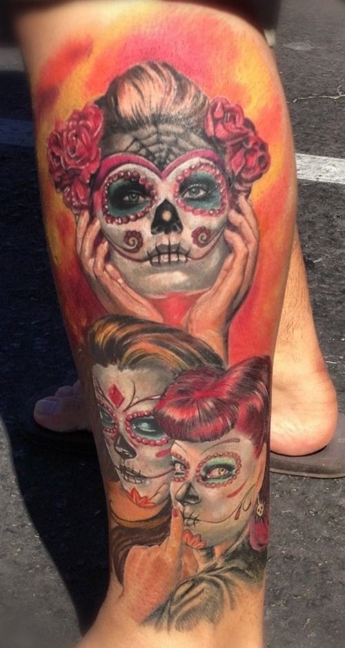 腿部彩色迷人的圣死女孩纹身