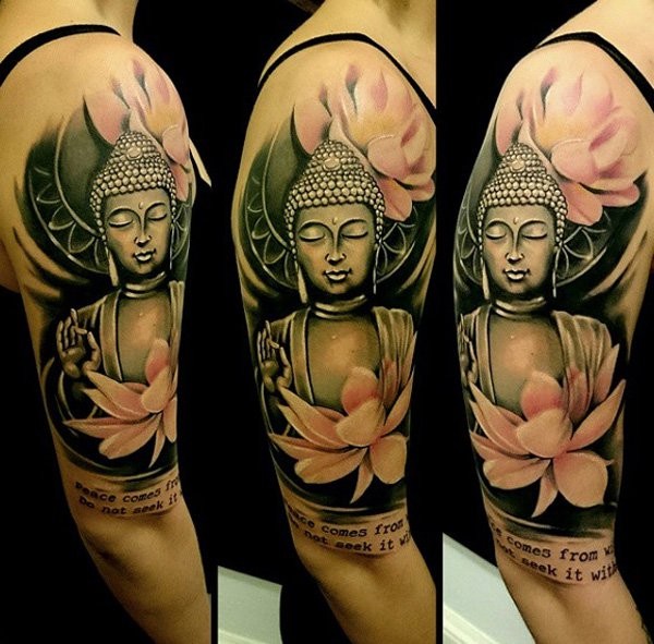 肩部壮观的彩色如来佛祖雕像纹身