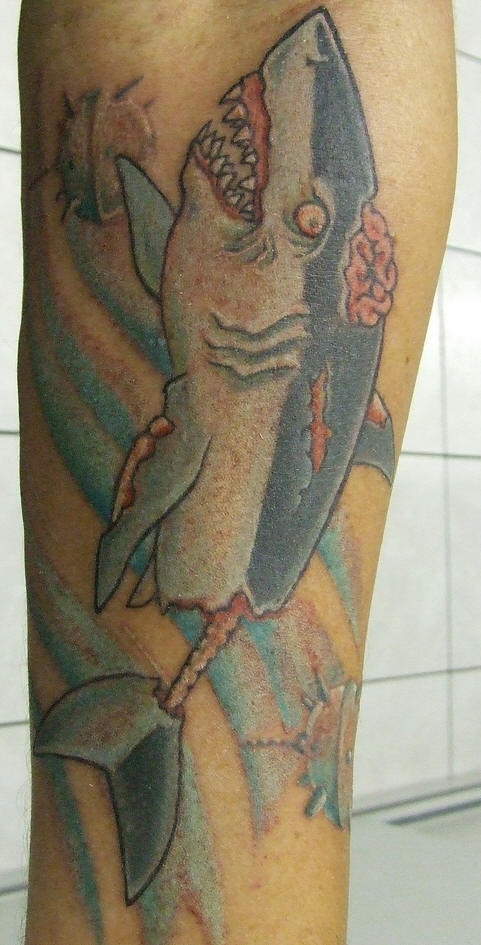 手臂彩色僵尸鲨鱼纹身图片
