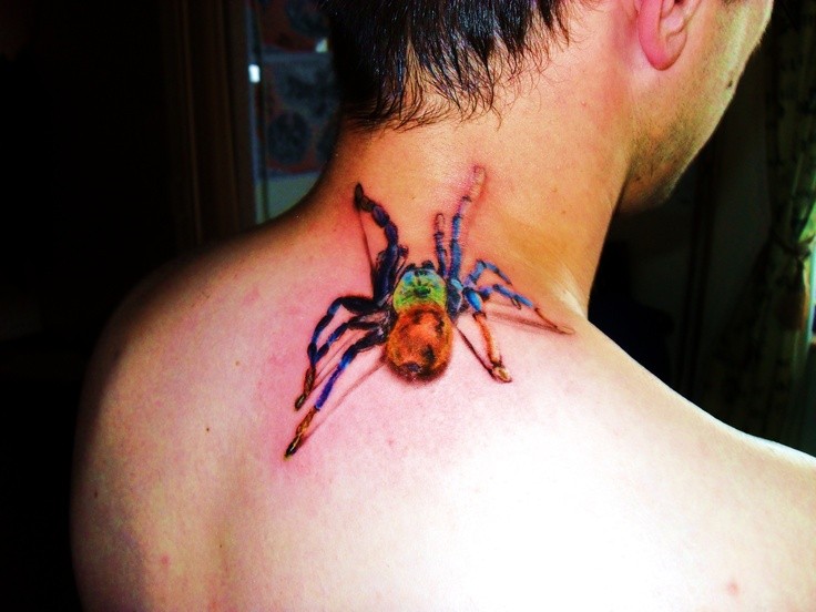 男性颈部水彩蜘蛛纹身图案