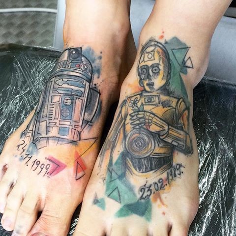 脚部水彩色星战机器人纹身图案
