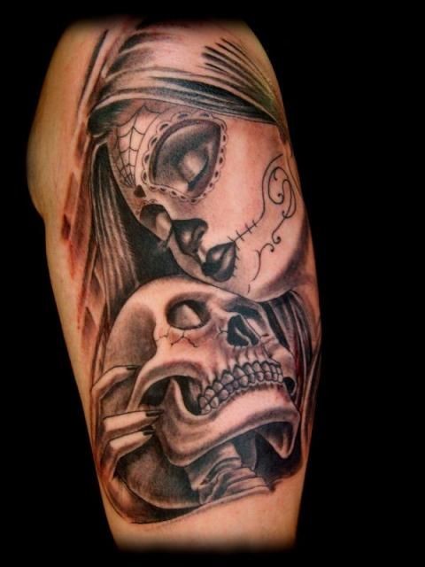 手臂墨西哥传统彩色女人骨架纹身