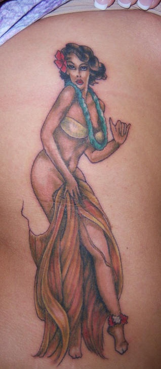 腰侧彩色杂色的舞者的女人纹身图案