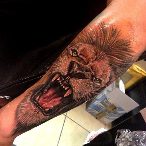 手臂棕色咆哮的狮子纹身图案